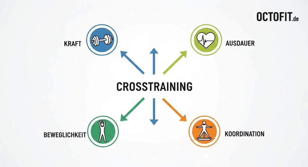 Infografik, die die vier Säulen des Crosstrainings für Senioren zeigt: Kraft, Ausdauer, Beweglichkeit, Koordination.