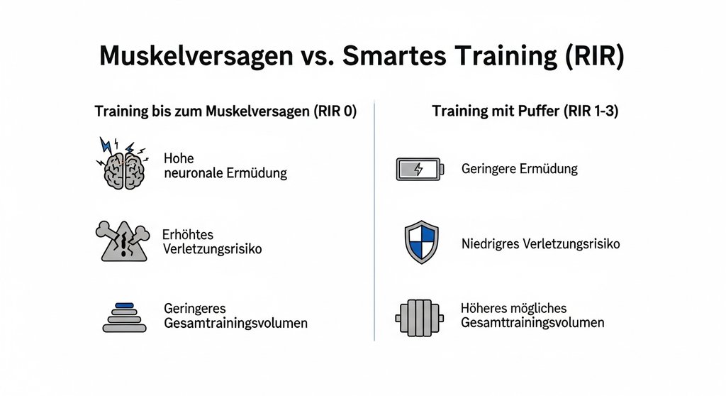 Infografik, die die Vor- und Nachteile von Training bis zum Muskelversagen im Vergleich zu Training mit RIR (Reps in Reserve) darstellt.