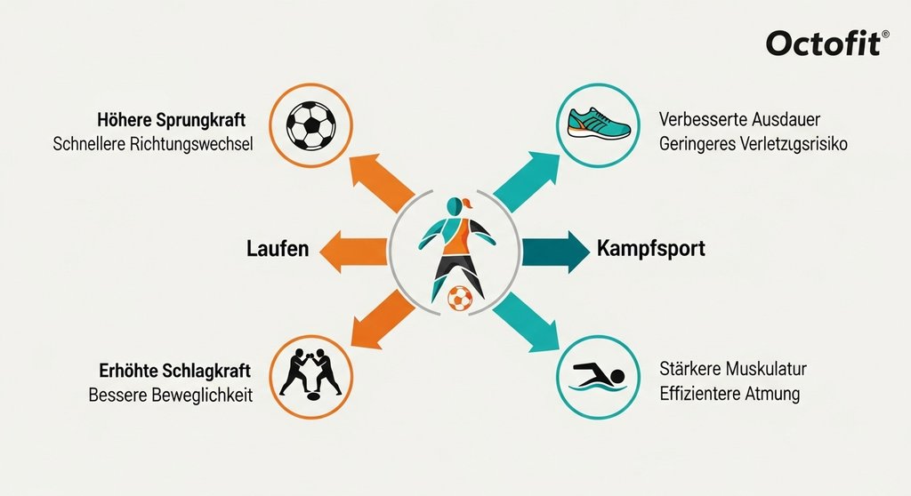 Infografik, die die Vorteile von Crosstraining fĂŒr verschiedene Sportarten zeigt.