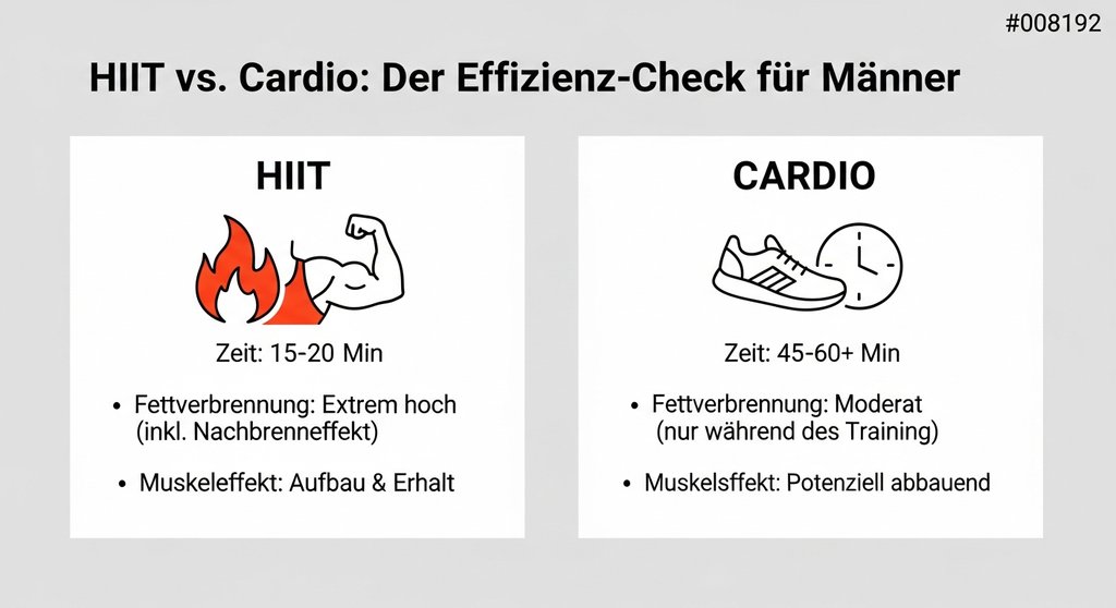 Infografik, die die Vorteile von HIIT im Vergleich zu Cardio für Männer bei Zeit, Fettverbrennung und Muskelaufbau zeigt.