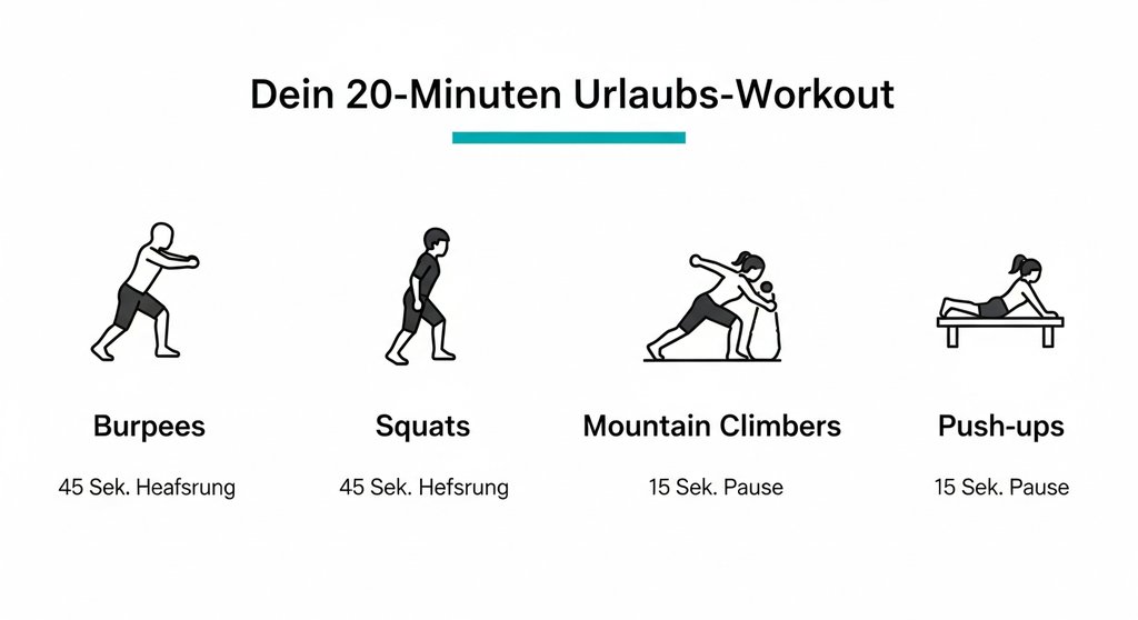 Infografik, die ein 20-Minuten-HIIT-Workout für den Urlaub mit vier Übungen zeigt.