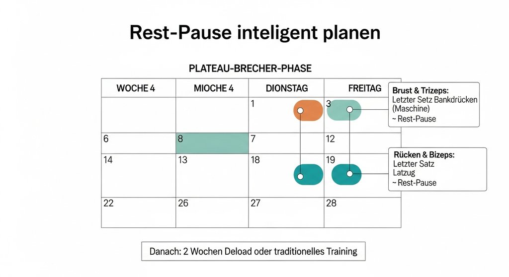 Infografik, die einen 4-Wochen-Trainingsplan mit hervorgehobenen Rest-Pause-Einheiten zeigt. Prompt: Clean infographic in German. Title: 