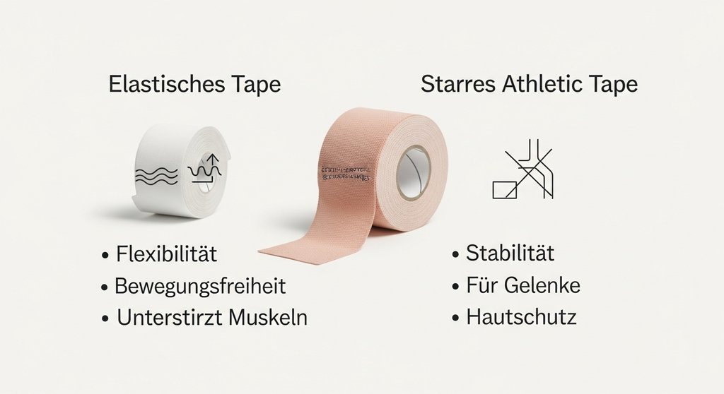 Infografik, die elastisches und starres Sport-Tape für die Anwendung an den Händen vergleicht.