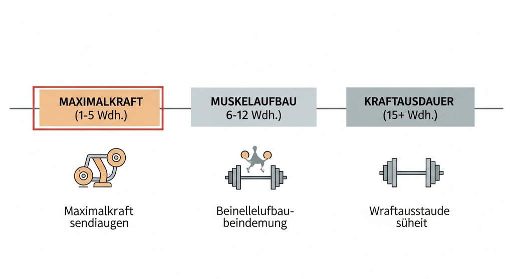Infografik, die erklärt, wie der 5x5 Trainingsplan im Wiederholungsbereich für Maximalkraft angesiedelt ist.