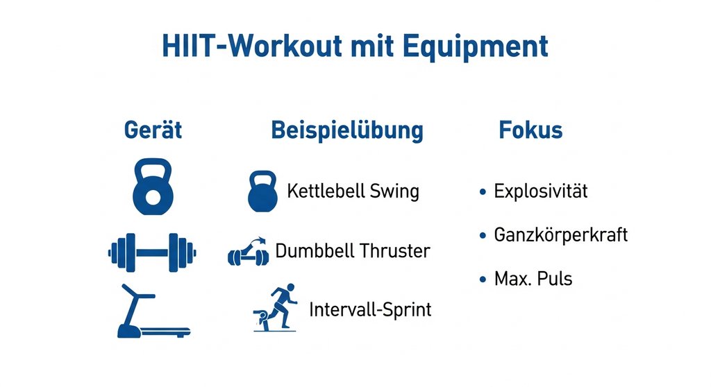 Infografik zu Übungen für HIIT mit Equipment wie Kettlebell und Kurzhantel.