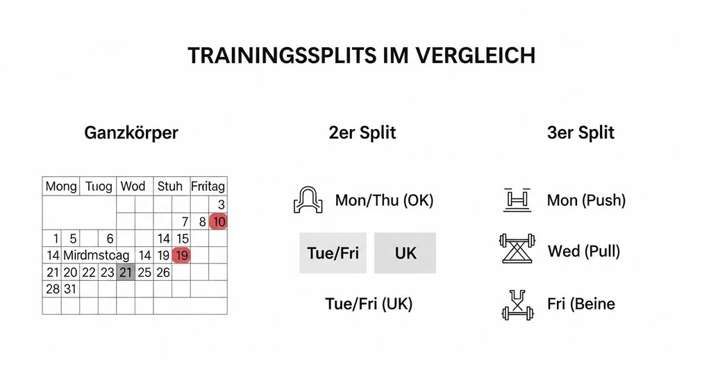 Infografik, die verschiedene Trainingssysteme wie Ganzkörpertraining, 2er-Split und 3er-Split vergleicht.