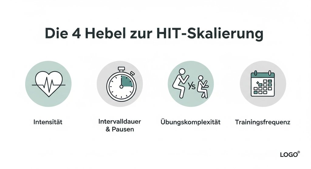 Infografik, die vier Methoden zur Skalierung von HIIT-Workouts zeigt: Intensität, Intervalle, Übungen und Frequenz.