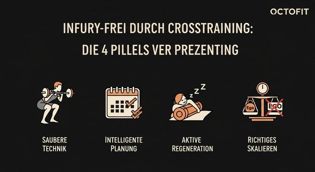 Infografik: Die vier Säulen der Verletzungsprävention im Crosstraining - Technik, Planung, Regeneration und Skalierung.
