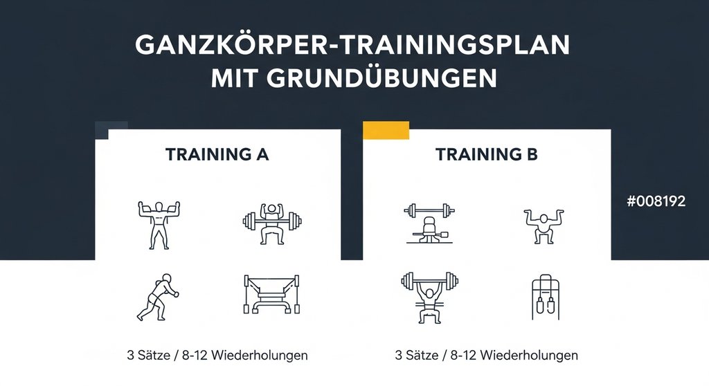 Infografik eines Ganzkörper-Trainingsplans für Anfänger, der auf den wichtigsten Grundübungen basiert.