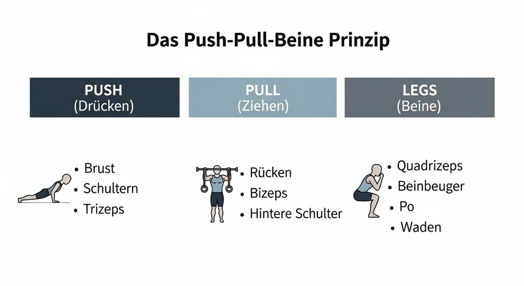 Infografik erklärt das Push-Pull-Beine-Prinzip mit den trainierten Muskelgruppen für jeden Trainingstag.