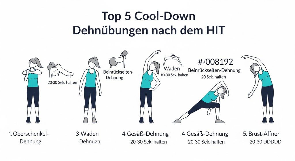 Infografik mit 5 effektiven Dehnübungen für den Cool Down nach dem Sport.