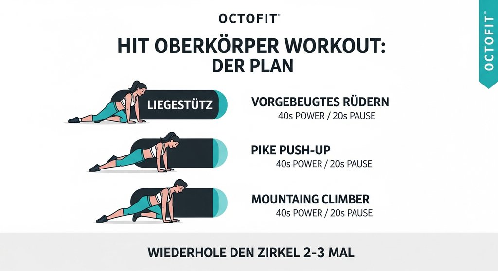 Infografik mit dem HIIT Oberkörper Workout Plan inklusive 4 Übungen und Zeitangaben.