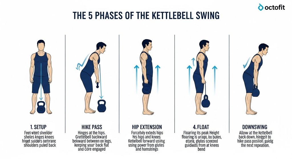 Infografik mit den 5 Phasen der korrekten Kettlebell Swing Technik.