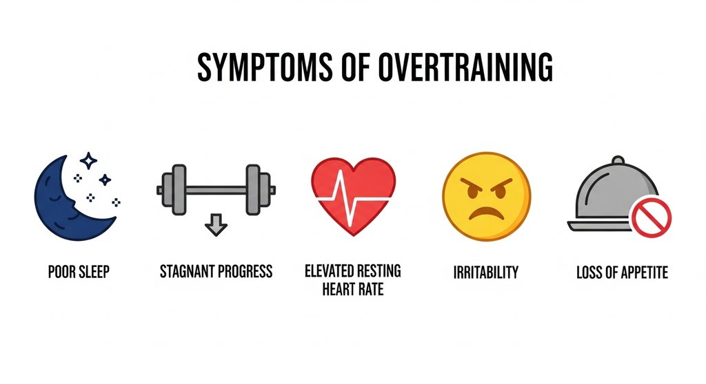 Infografik mit den fünf häufigsten Anzeichen für Übertraining im Sport.
