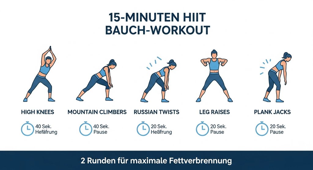 Infografik mit einem 15-minütigen HIIT-Workout-Plan für die Bauchmuskeln.