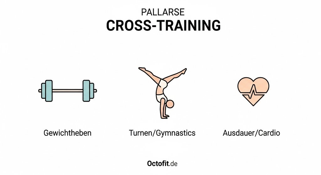 Infografik mit Icons zu den drei Hauptkomponenten von CrossTraining: Gewichtheben, Turnen und Ausdauer.