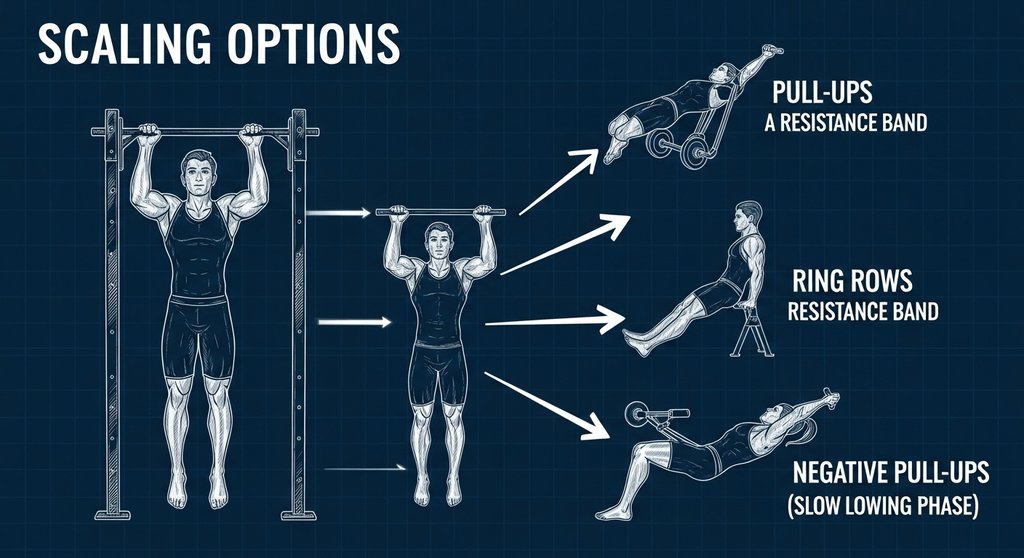 Infografik mit verschiedenen Skalierungsoptionen für Klimmzüge im Crosstraining.