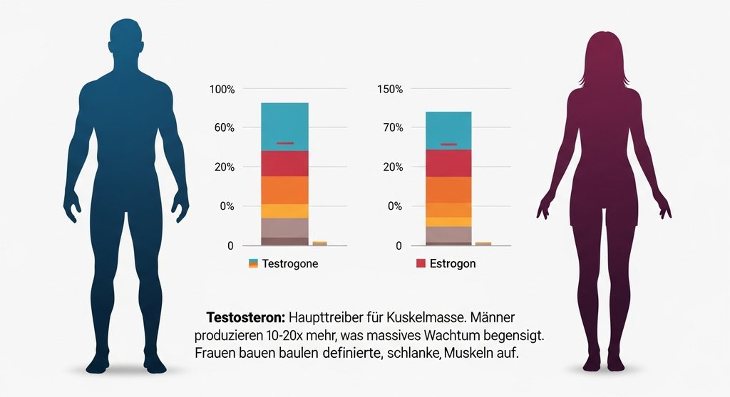 Infografik über hormonelle Unterschiede beim Muskelaufbau von Frauen und Männern.
