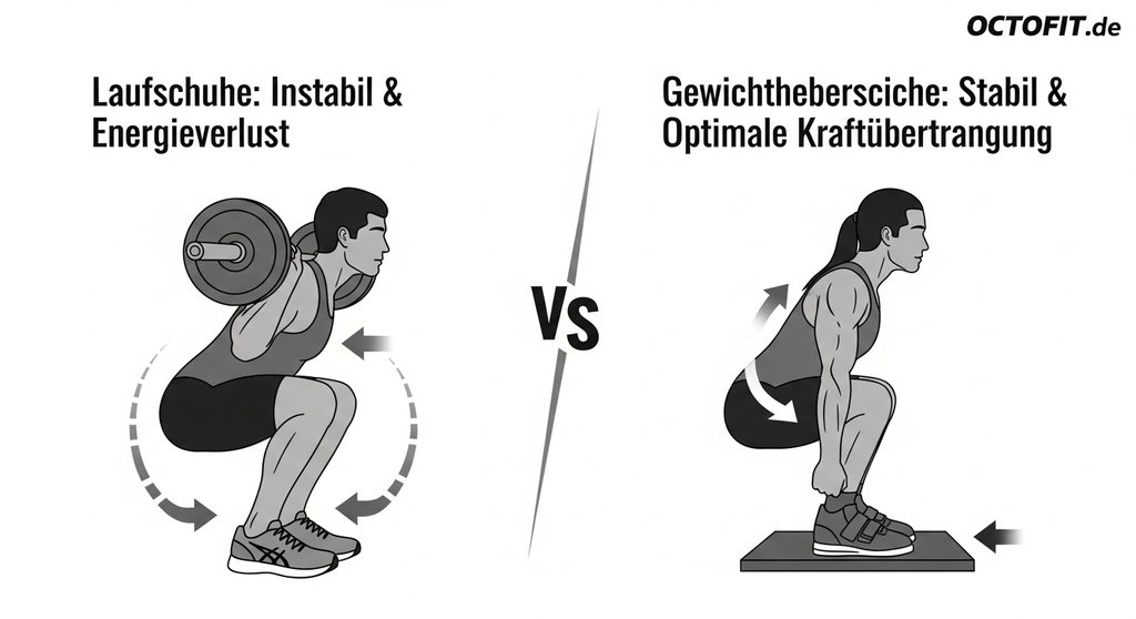 Infografik: Vergleich der Kniebeuge mit Laufschuhen vs. Gewichtheberschuhen.