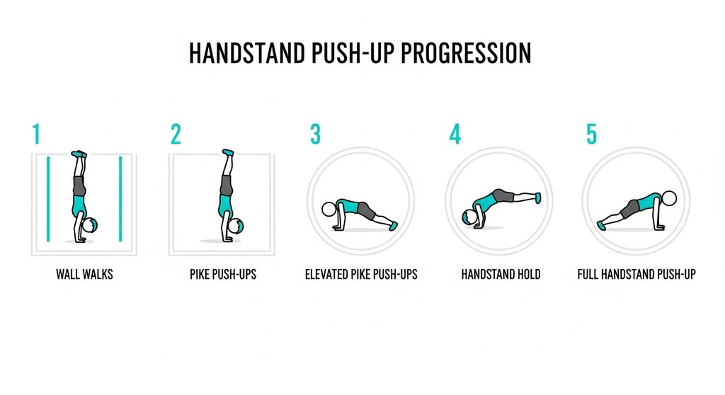 Infografik zeigt die 5 Hauptschritte der Handstand Push Up Progression.