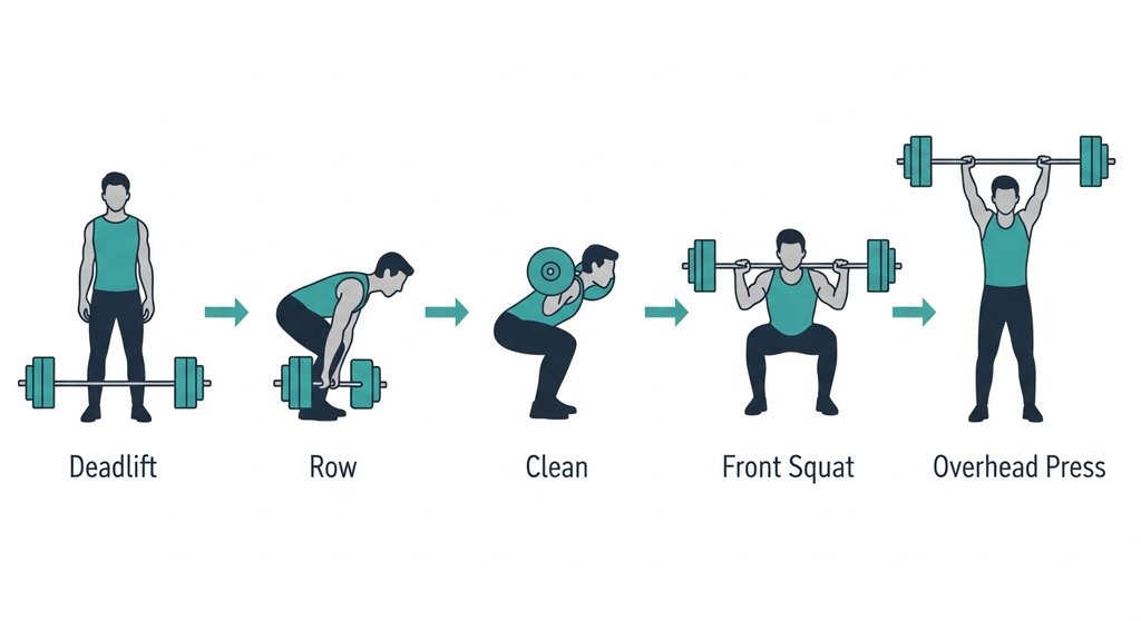 Infografik zeigt die Abfolge von 5 Übungen in einem Langhantel Komplex.