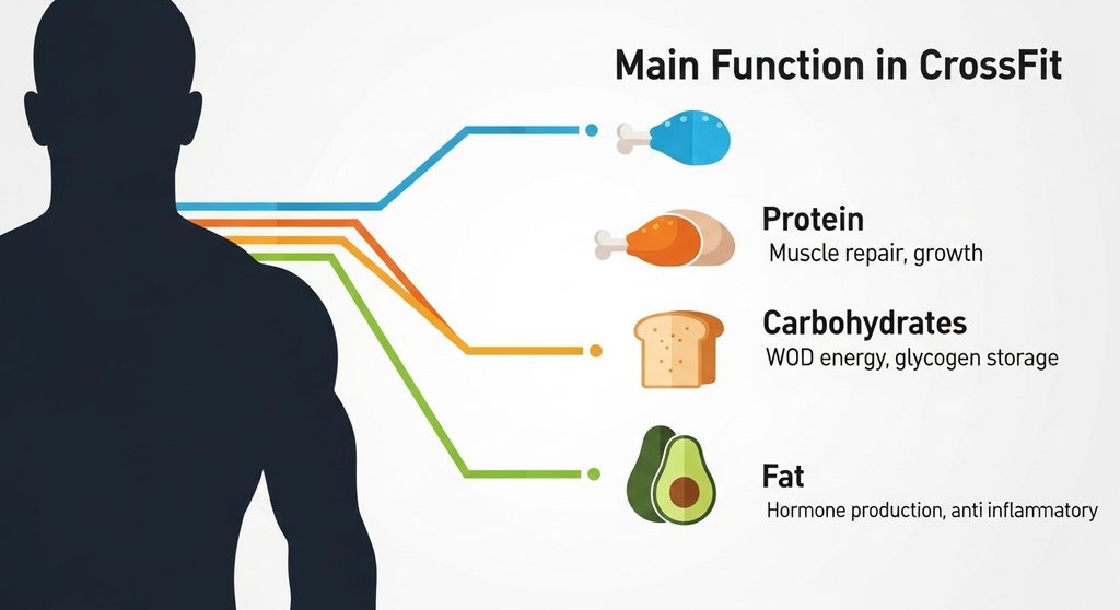 Infografik zeigt die Funktion von Makros im CrossTraining: Protein, Kohlenhydrate, Fett.