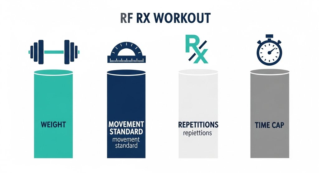 Infografik zeigt die vier entscheidenden Komponenten für ein RX-Workout im Crosstraining.