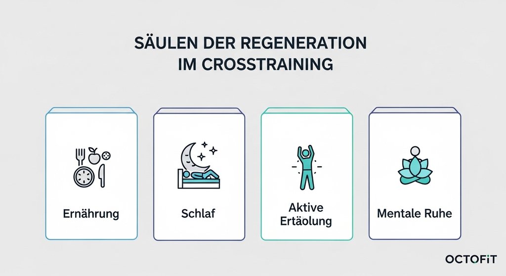 Infografik zeigt die vier Säulen der Regeneration im CrossTraining: Ernährung, Schlaf, aktive Erholung und mentale Ruhe.