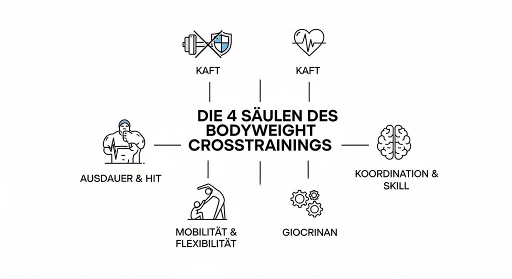 Infografik zeigt die vier Säulen des Bodyweight Crosstrainings: Kraft, Ausdauer, Mobilität und Koordination.