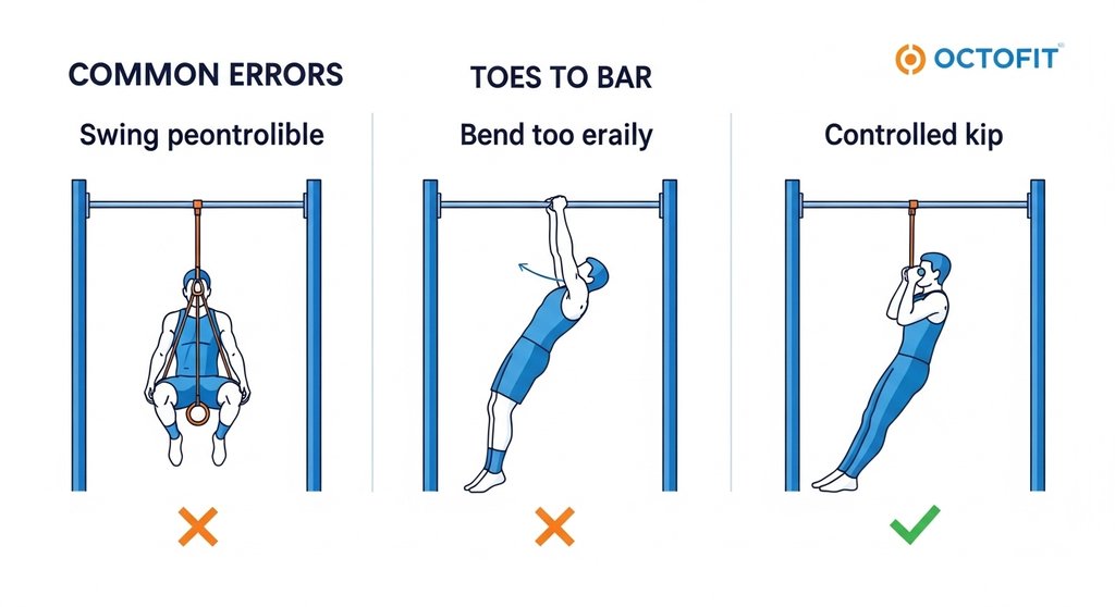 Infografik zeigt häufige Fehler bei der Toes to Bar Technik wie unkontrolliertes Schwingen.