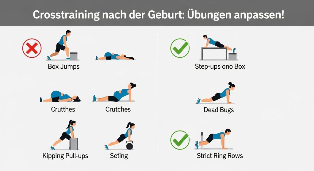 Infografik zeigt sichere Übungsalternativen für das Crosstraining nach der Schwangerschaft.