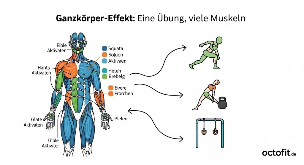 Infografik zeigt, wie Crosstraining-Übungen mehrere Muskelgruppen gleichzeitig aktivieren.