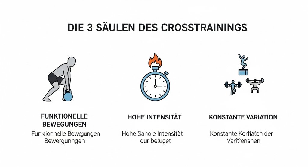 Infografik zu den 3 Säulen des Crosstrainings: Funktionelle Bewegung, hohe Intensität und Variation.