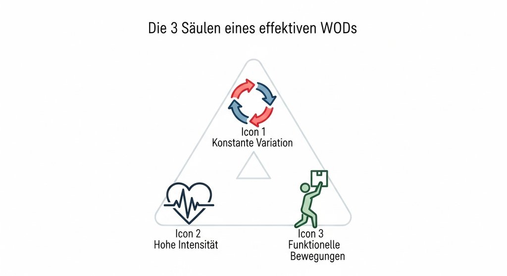 Infografik zu den drei Kernprinzipien von CrossTraining WODs: Variation, Intensität, Funktionalität.