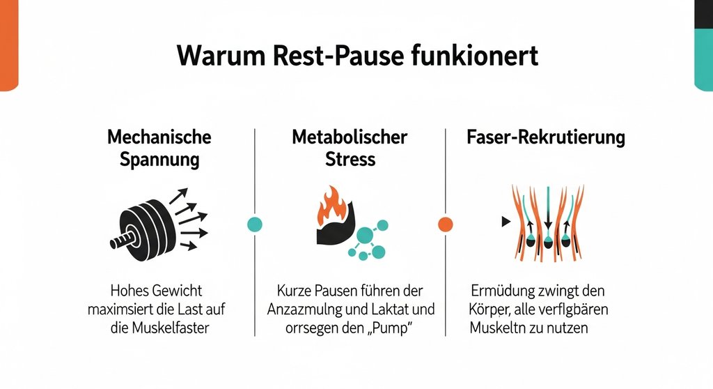 Infografik zu den drei Säulen der Hypertrophie durch Rest-Pause-Training. Prompt: Clean infographic, German language, with three main columns. Title: 