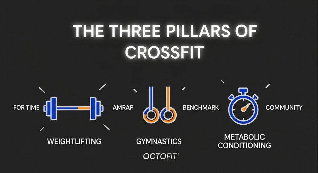 Infografik zu den drei Säulen des CrossFit-Trainings.