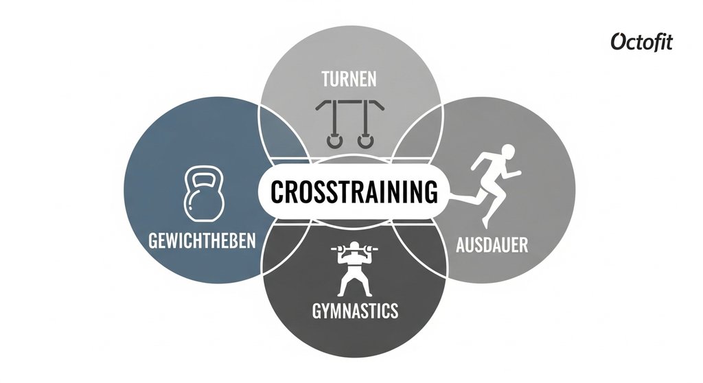 Infografik zu den drei Säulen des Crosstrainings: Gewichtheben, Turnen und Ausdauer.