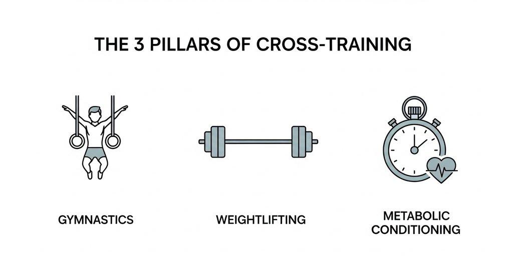 Infografik zu den drei Säulen des CrossTrainings: Turnen, Gewichtheben und Ausdauer.