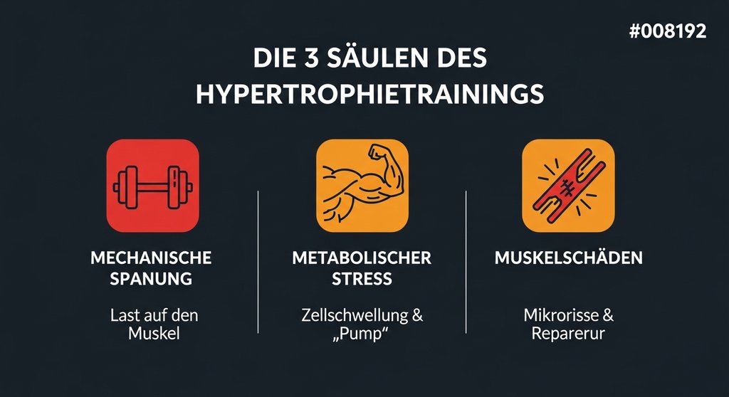 Infografik zu den drei Säulen des Hypertrophietrainings: mechanische Spannung, metabolischer Stress und Muskelschäden.