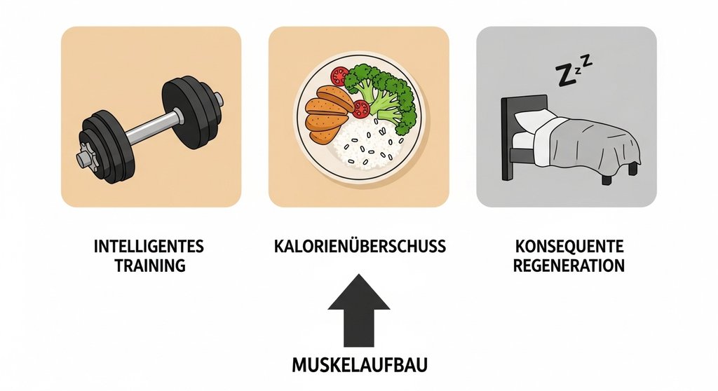 Infografik zu den drei Säulen des Muskelaufbaus für Hardgainer: Training, Ernährung und Regeneration.