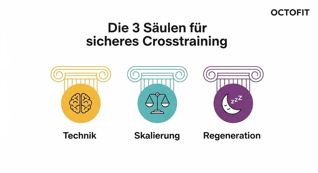 Infografik zu den drei Säulen für sicheres Crosstraining: Technik, Skalierung und Regeneration.