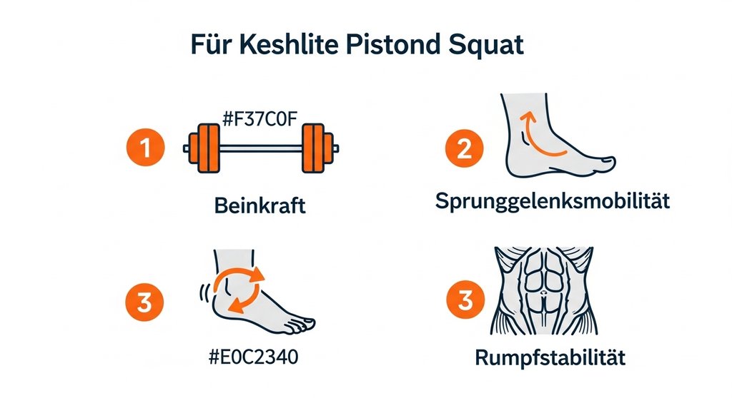 Infografik zu den drei Voraussetzungen für den Pistol Squat: Kraft, Mobilität und Stabilität.
