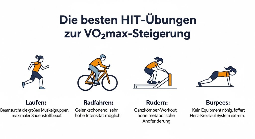 Infografik zu den effektivsten HIIT-Übungen wie Laufen, Radfahren und Rudern, um die VO2max zu steigern. Infografik mit dem Titel 'Die besten HIIT-Übungen zur VO2max-Steigerung'. Klare, moderne Icons für Laufen, Radfahren, Rudern und Burpees. Unter jedem Icon eine kurze Beschreibung auf Deutsch: 'Laufen: Beansprucht die größten Muskelgruppen, maximaler Sauerstoffbedarf.' 'Radfahren: Gelenkschonend, sehr hohe Intensität möglich.' 'Rudern: Ganzkörper-Workout, hohe metabolische Anforderung.' 'Burpees: Kein Equipment nötig, fordert Herz-Kreislauf-System extrem.' Das Design ist minimalistisch mit einer Farbpalette aus Marineblau, Weiß und einem Akzentton in Orange. Die Schrift ist klar und gut lesbar.