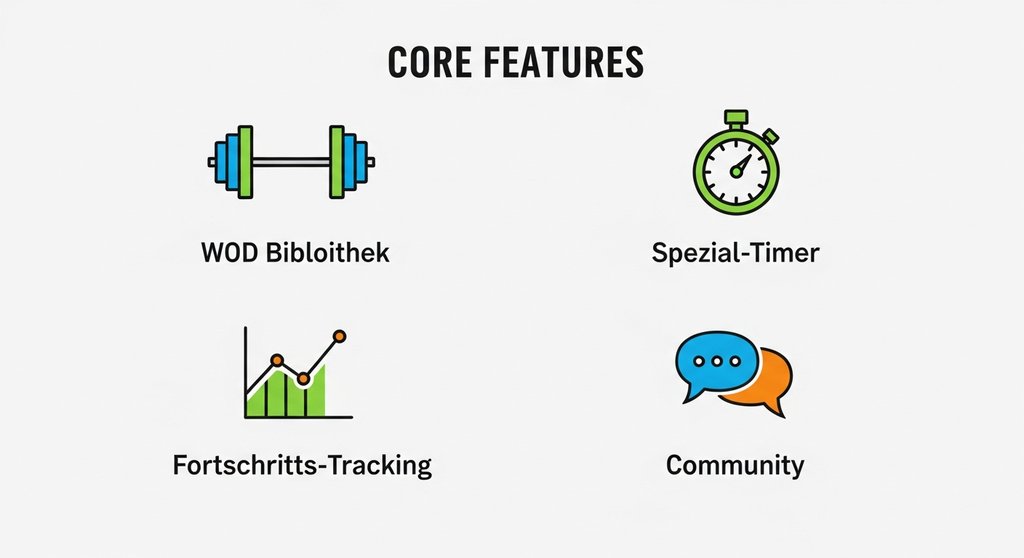 Infografik zu den Hauptfunktionen einer guten Crosstraining App.