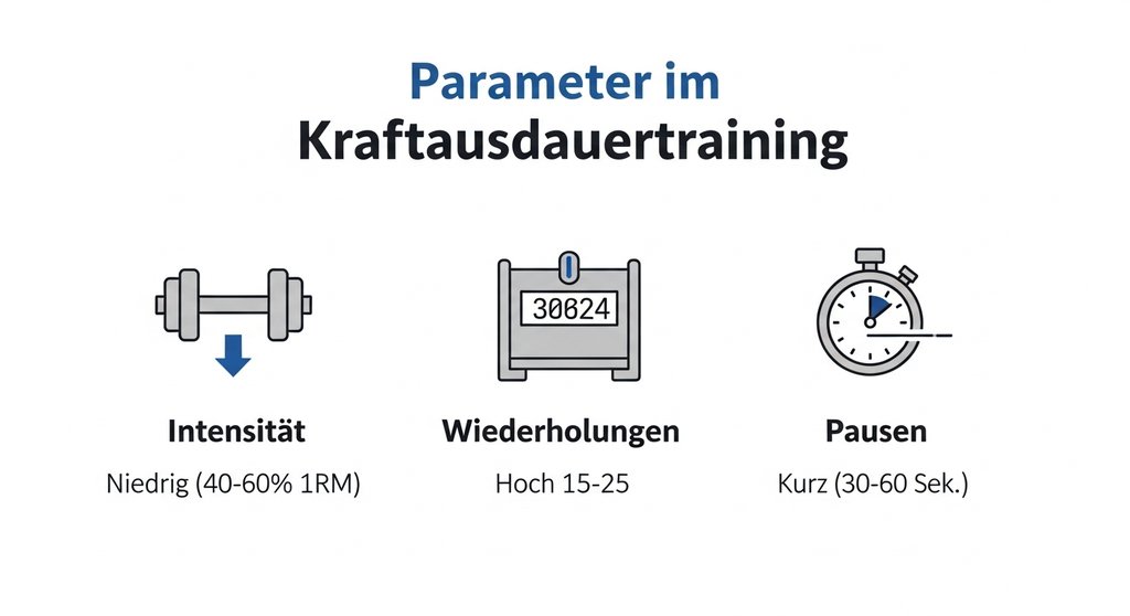 Infografik zu den Parametern des Kraftausdauer-Trainingsplans: niedrige Intensität, hohe Wiederholungen, kurze Pausen.