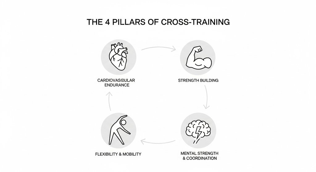 Infografik zu den vier SÀulen des Crosstrainings: Ausdauer, Kraft, FlexibilitÀt und Koordination.