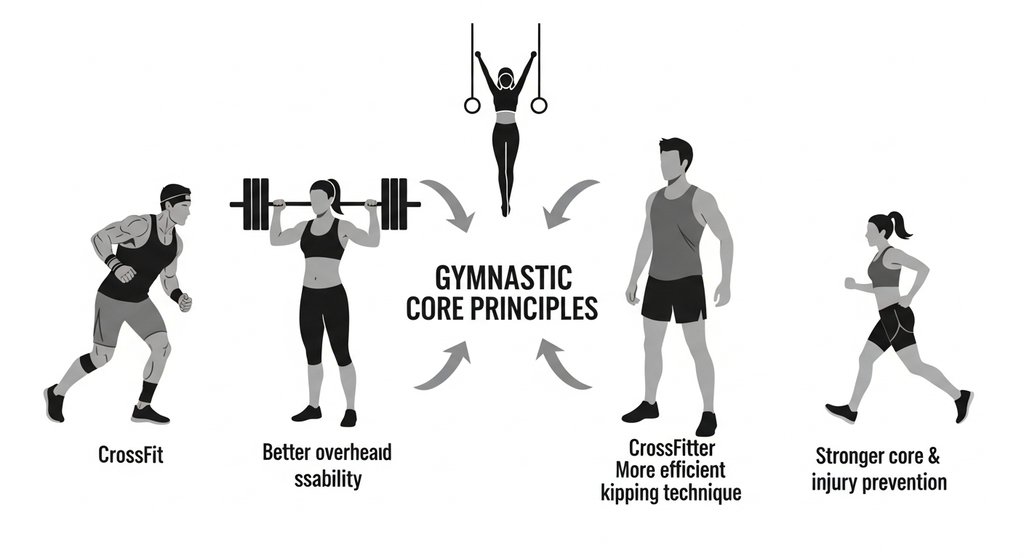 Infografik zu den Vorteilen von Gymnastics Crosstraining für verschiedene Sportler.