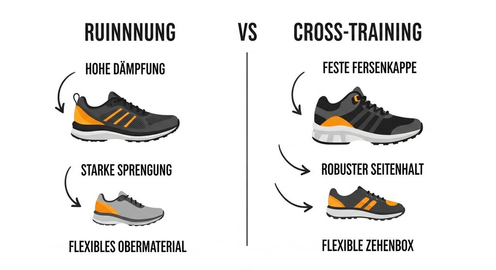 Infografik zum Vergleich der Eigenschaften von Laufschuhen und Crosstraining Schuhen.
