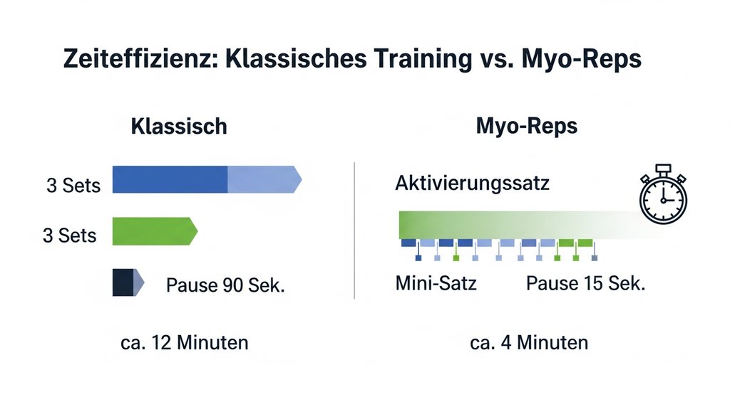 Infografik zum Vergleich der Zeiteffizienz von klassischem Training und Myo-Reps.