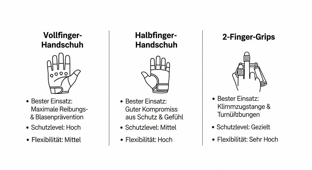 Infografik zum Vergleich verschiedener Arten von Crosstraining Handschuhen und Grips.